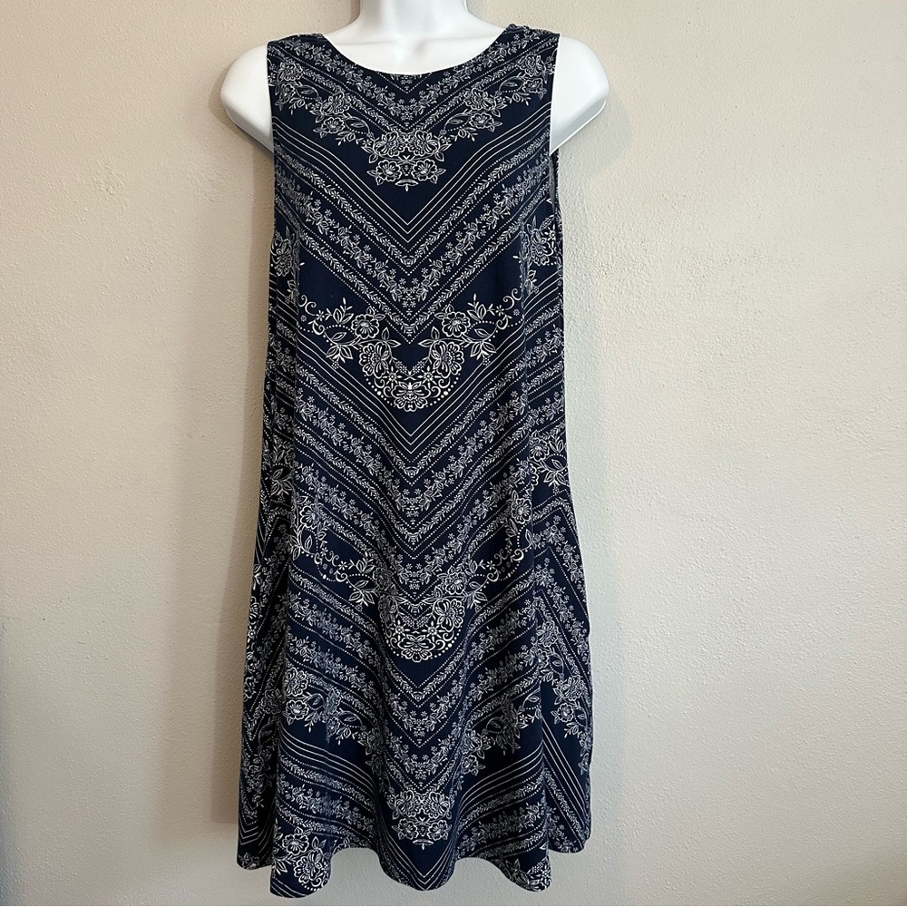 Nine Britton Navy White Sleeveless A-Line Dress Medium Boho Festival V-Back